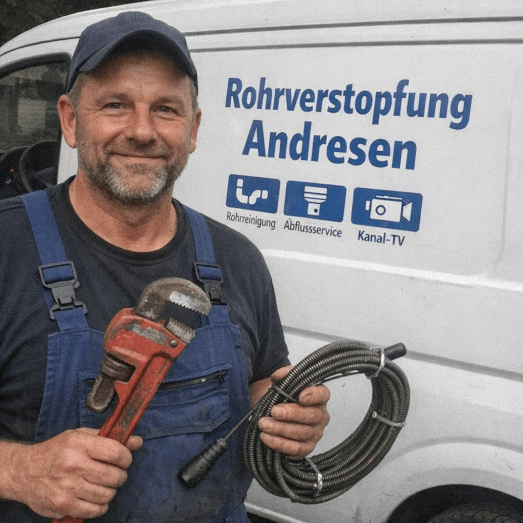 Firmeninhaber und erfahrener Monteur steht mit professionellem Werkzeug vor seinem Einsatzfahrzeug.