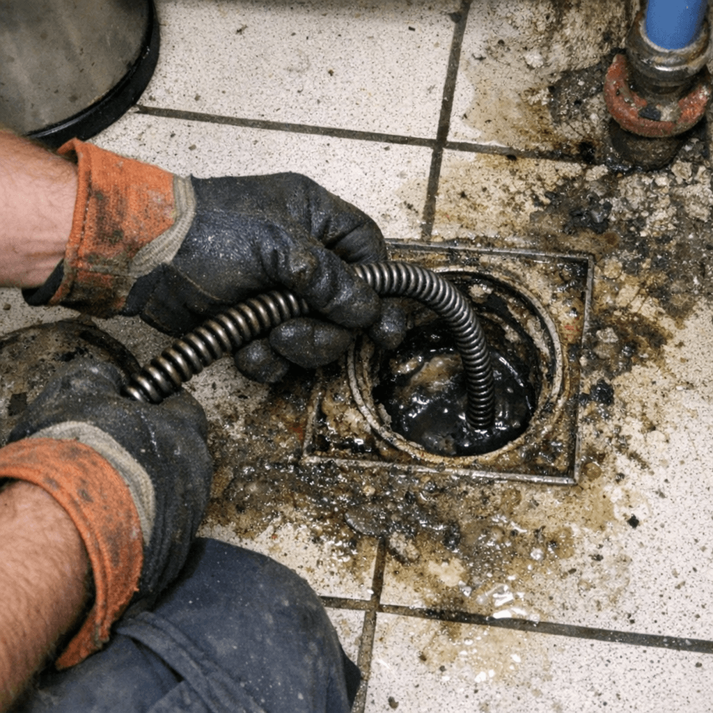 Fachmann bei der professionellen mechanischen Reinigung eines verstopften Abflussrohres im Haushalt.