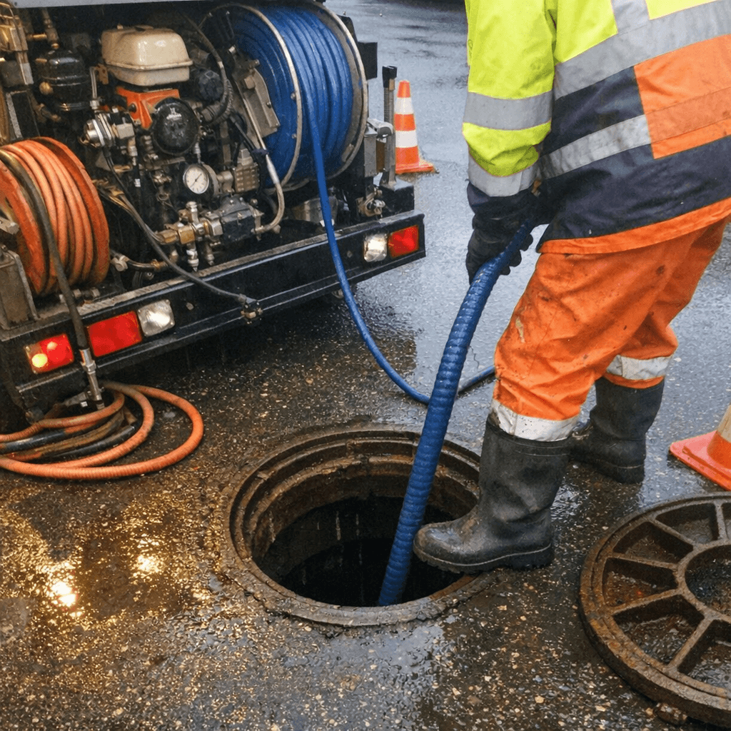 Einsatz eines modernen Hochdruckspülgeräts zur Reinigung der Hauptabwasserleitung.